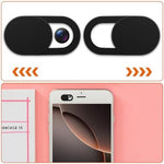 Multiple ultra thin black webcam blockers applied across laptop and mobile phones