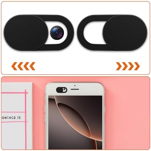 Multiple ultra thin black webcam blockers applied across laptop and mobile phones