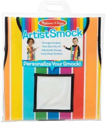 Close up view of the roomy storage pockets on the Melissa and Doug multicolor artist smock.
