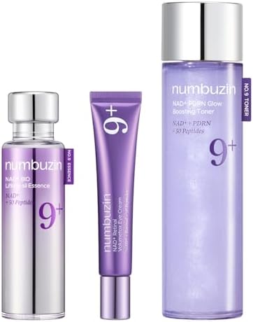 Numbuzin Number 9 NAD Plus Powerful Anti Aging Skincare Set front view showing toner serum and eye cream bottles
