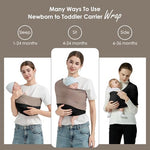 Shiaon baby sling carrier showing the adjustable fastening clip and secure release button assembly.