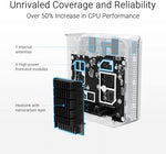 Close up view of the internal cooling ventilation and sleek white chassis layout