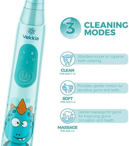 Vekkia children sonic toothbrush packaging contents including the USB charging cable and four replacement brush heads.
