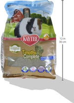 Back view of Kaytee Timothy Complete five pounds bag detailing feeding instructions and daily pet care.