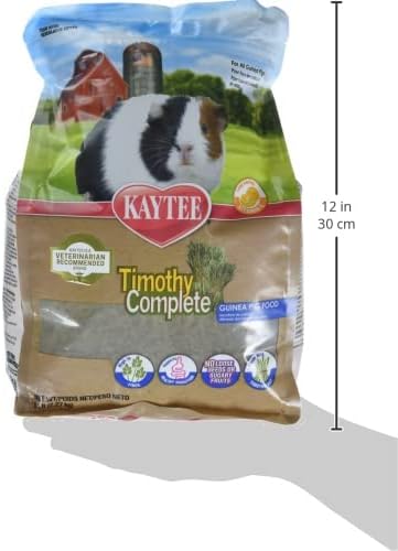 Back view of Kaytee Timothy Complete five pounds bag detailing feeding instructions and daily pet care.