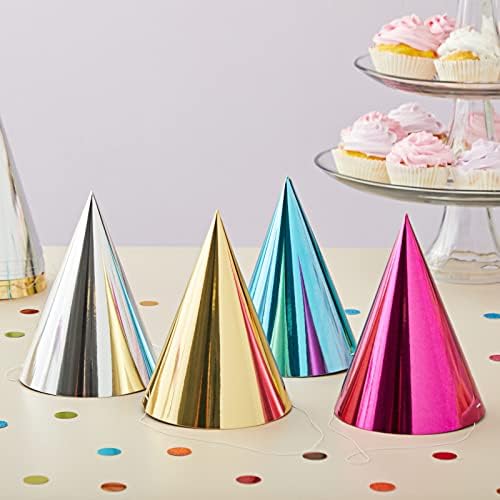 Five distinct colors of Blue Panda metallic foil cone hats arranged flat before assembly