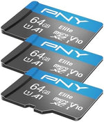 PNY memory card bundle showcasing the three micro storage chips alongside the included full-size SD adapter for laptop compatibility.