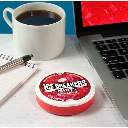 Ice Breakers Sugar Free Cinnamon Mints showing the snap close lid design for freshness