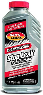 Close up of 11 fluid ounce Bar's Leaks transmission additive bottle