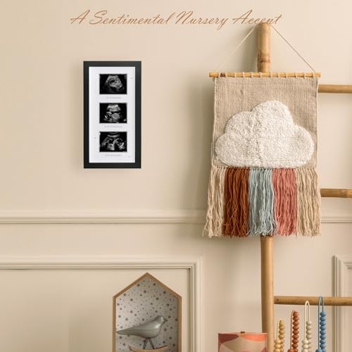 Three-window baby pregnancy photo frame displayed elegantly on a modern nursery table.