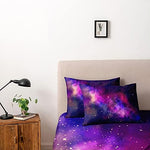 Close up shot of the Holiyjog cosmic purple comforter cover showing the smooth microfiber texture and the premium high definition star print detail.