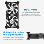 ELUTENG whisper quiet dual fan assembly displaying the four removable rubber shock absorbers on the bottom corners for vibration reduction.