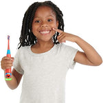 Close up of the blue and red soft bristle replacement heads for child dental safety