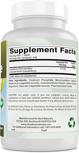 Side view of Best Naturals Lycopene 240 softgels packaging highlighting allergen-free claims