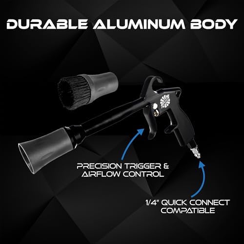 The Rag Company Ultra Air Blaster V2 connected to an air line for interior car carpet cleaning.