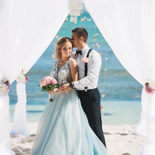 VOK white chiffon drapery beautifully styled for an outdoor reception backdrop.