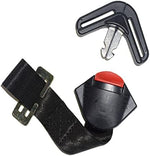 Adjustable child seat hasp lock buckle showing the central red release button mechanism