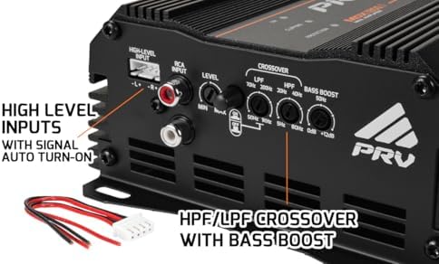 PRV Audio ultra compact Class D powersports amplifier displaying the RCA audio inputs and gain control adjustment dials.