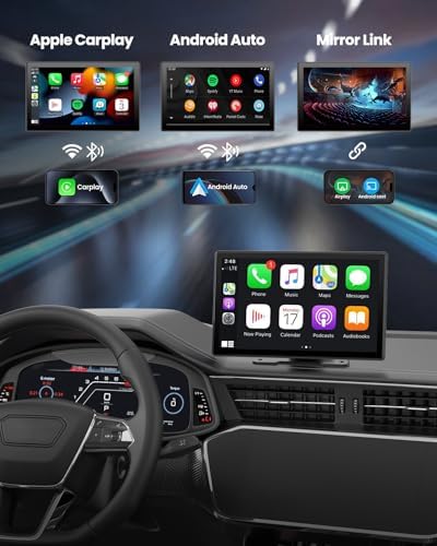 Moeckearla dashboard car monitor displaying the smartphone mirror link and wireless AirPlay feature for streaming video content