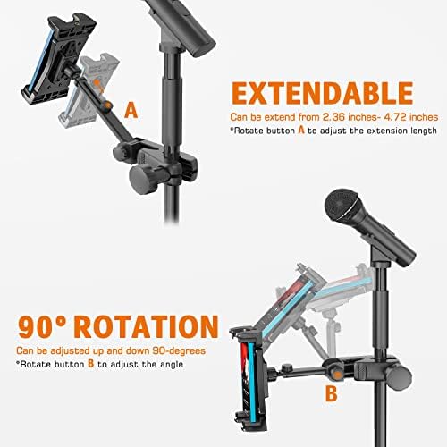 Side profile of the Jubor universal smartphone and tablet mount showing the adjustable telescopic reach arm extended.