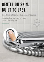 Handheld view of ergonomic curved metal nozzle for shower cleaning
