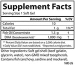 Close up view of the easy to swallow fish oil capsules from Carlson Elite DHA Gems dietary supplement