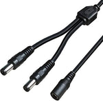 Close up view of the SIOCEN 5.5mm x 2.1mm barrel plug connectors on the black Y splitter wire.