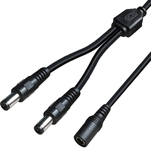 Close up view of the SIOCEN 5.5mm x 2.1mm barrel plug connectors on the black Y splitter wire.