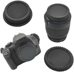 Full product bundle showing two pairs of matching camera body caps and rear lens covers organized for storage.