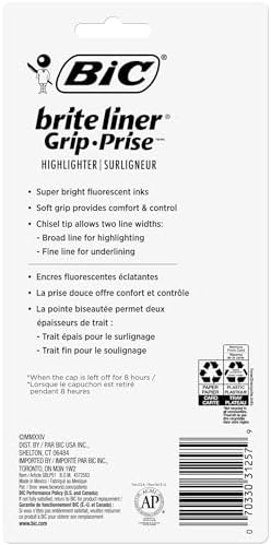 BIC Brite Liner Grip Highlighter package back showing product details