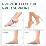 Adhesive gel shoe inserts being placed inside a heel for plantar fasciitis comfort.