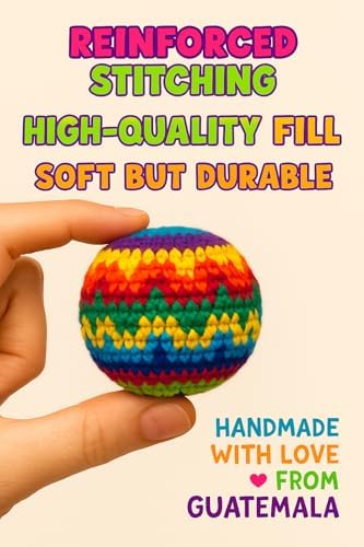 Six assorted Guatemalan style juggling balls arranged together for outdoor play display.