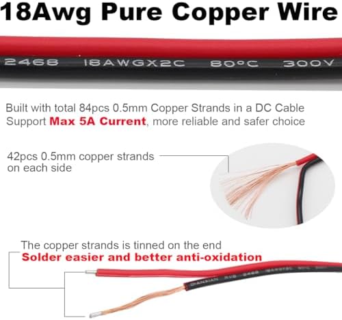 Close up view of the pre tinned 18AWG copper strands on the red and black DC power wire.