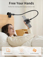 Bokilino flexible long arm stand bent into an S shape supporting a smartphone at an ergonomic eye level angle.