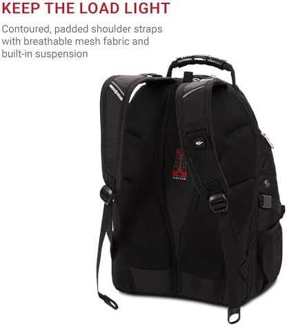 Side angle view of the black 31 litre SwissGear backpack showing mesh water bottle pockets and compression straps.