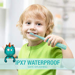 Authentic Vekkia blue dragon lord edition children power toothbrush showing the smart timer indicator and charging base.