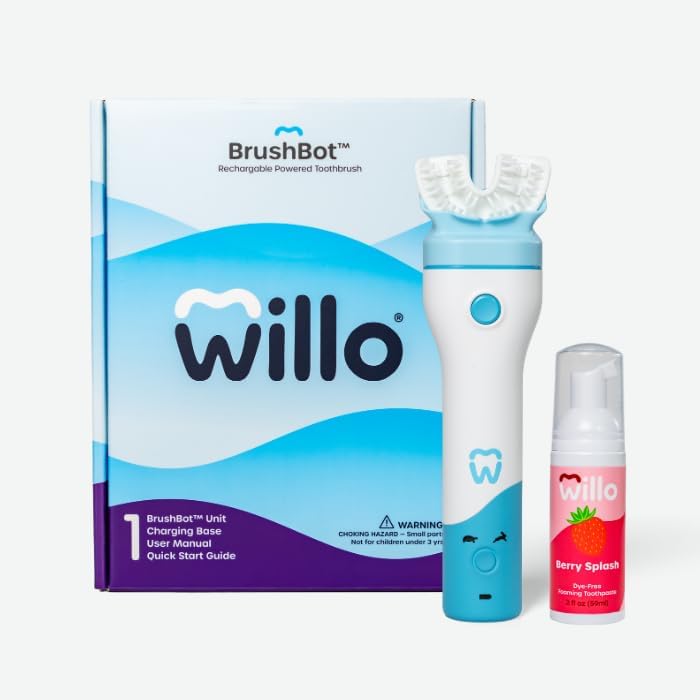 Willo BrushBot Kids U-Shaped Toothbrush Starter Kit front view showing the smart electric handle and charging base