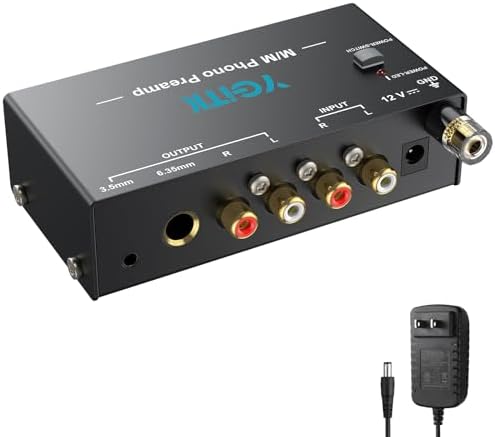 YGiTK turntable preamplifier back panel view highlighting the grounding post and power adapter input.