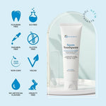 Close up of M3 Naturals toothpaste texture with mint leaf imagery.