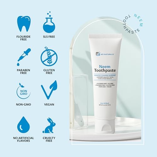 Close up of M3 Naturals toothpaste texture with mint leaf imagery.