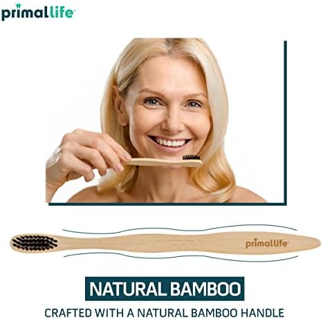 Primal Life Organics biodegradable toothbrush packaging showing eco-friendly certifications.