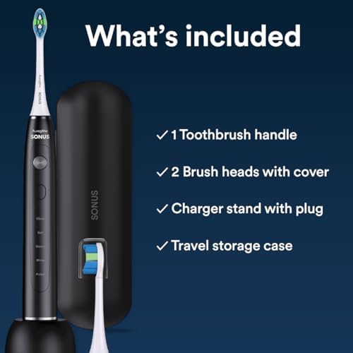Auraglow electric toothbrush sitting vertically on its wireless charging base dock