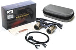 KabukiGlasses wearable binoculars laid out next to the included protective travel case and cleaning cloth.