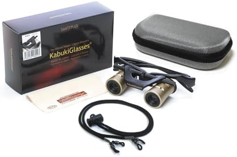 KabukiGlasses wearable binoculars laid out next to the included protective travel case and cleaning cloth.