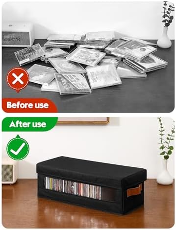 Black fabric CD holder box with dustproof lid and brown handles