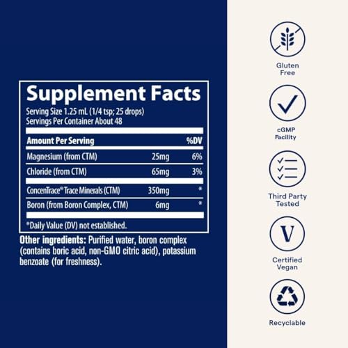 Trace Minerals Liquid Boron supplement showing the blue glass bottle