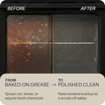 Unscented biodegradable oven scrub cleaning stubborn carbon buildup on glass door