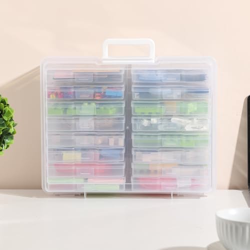 Top down view of organized photo storage containers inside outer case