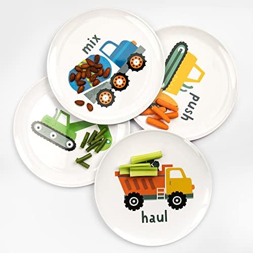 Tiny Expressions kids dinnerware set with cement mixer and dump truck plates