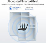 Angled view of the imported ASUS AiMesh extendable router with status indicators illuminating the front panel.